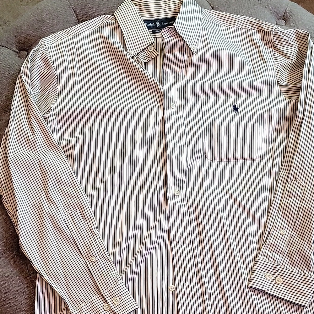 Ralph Lauren Men's Dress Shirt - White and Brown Stripes